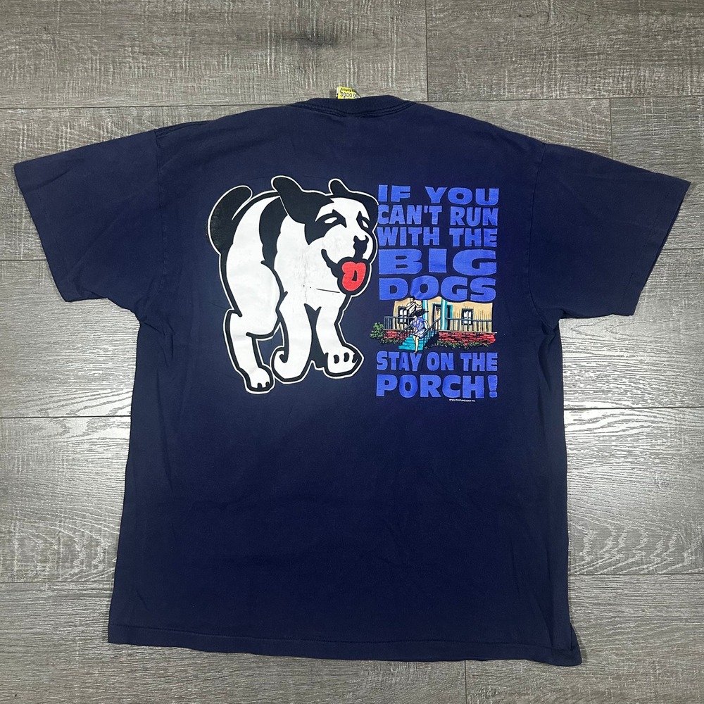 Vintage Big Dogs Stay On The Porch Graphic T-Shirt Navy Blue 1994 Mens Large USA